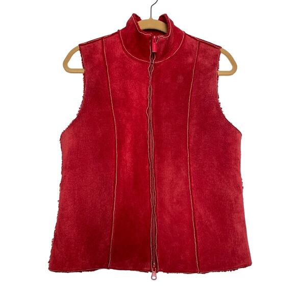 Suede Vest Womens Medium Red Leather Fleece Sleeveless Full Zip Jacket Coat - Picture 1 of 15